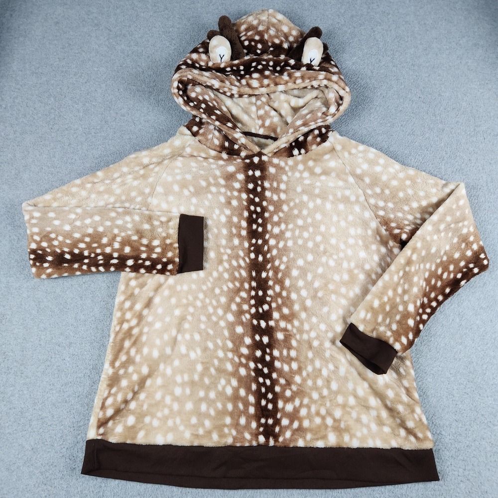 Peaches & Dreams Hoodie Womens Large Brown Deer-Print 3D Antlers & Ears Pullover